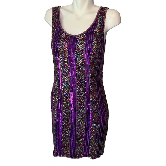 Vtg 90s Annabelle Purple Rainbow Sequin Mini Dress Sleeveless Silk Size Large - Picture 1 of 6